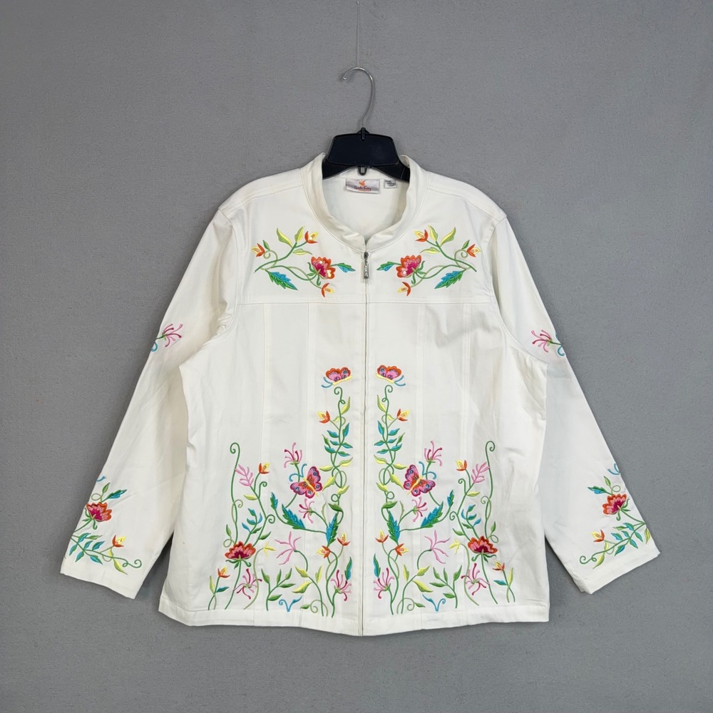 Quacker Factory Jacket Womens XL White Floral Butterfly Embroidered Full Zip